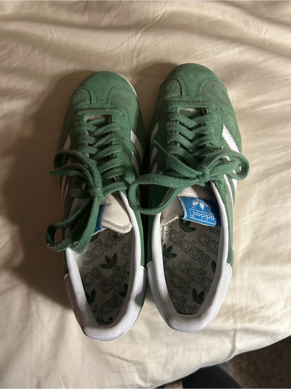 adidas Green Suede Sneakers with White Stripes and Blue Tongue Tag